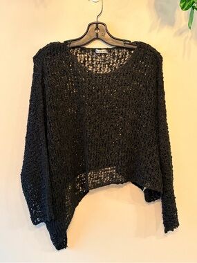 SHARANEL Black Open-Knit Asymmetrical Long Sleeve Shrug